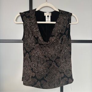 [Sp] Vintage Laura Petites Black, Brown & Gold Sparkle Paisley Sleeveless Blouse